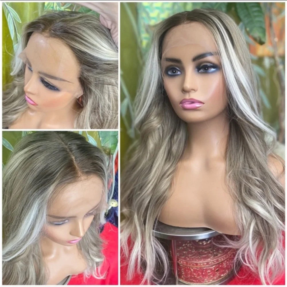 Ash grey Blonde Balayage Long Lace Front Wig